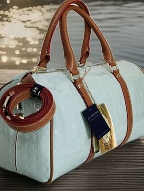 Arcadia Mint and Tan Leather Travel Duffel with Gold Hardware